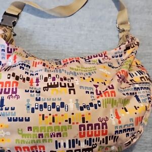 Vintage Used Large Lesportsac Tan Multicolor Graphic Hobo Bag Purse Washable